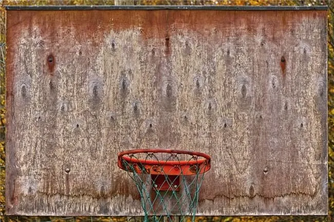 Picture of an old basketball hopp and rim.